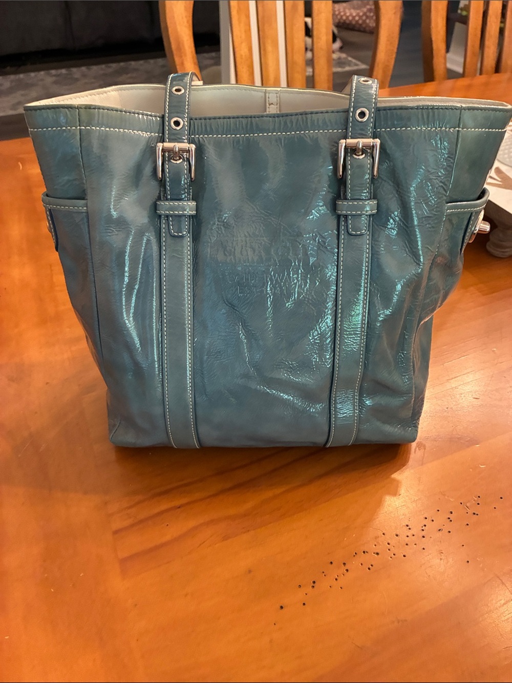 Coach Teal Leather Tote with Buckle-Strap Handles